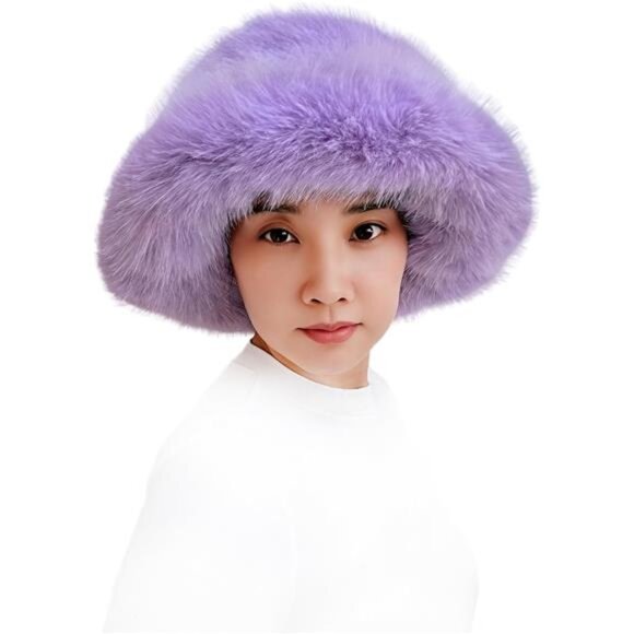 Oversized Winter Faux Fur Bucket Hat for Women Lavender - Picture 2 of 5